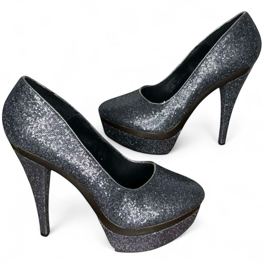 Promise Stiletto Platform Glitter Sparkly Steel Gray / Pewter High Heels Size 9